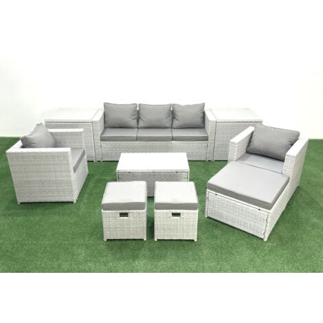 Fimous Rattan Garden Outdoor Furniture Sofa Set with Rectangular Coffee Table 2 Chairs 3 Footstools 2 Side Tables Light Grey Mixed (1/5)