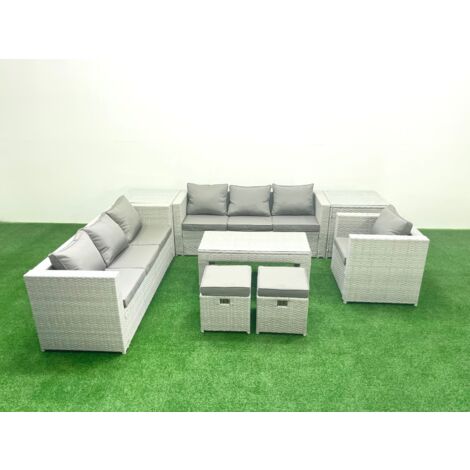 Fimous Wicker PE Rattan Sofa Garden Furniture Set with Oblong Coffee Table Armchair 2 Small Footstools 2 Side Tables Light Grey Mixed (1/5)