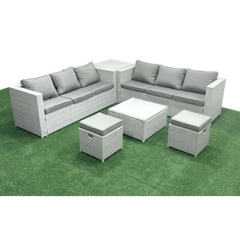 Fimous Rattan Garden Outdoor Furniture Set 8 Seater Rattan Garden Sofa Set with 2 Small Footstool Side Table Light Grey Mixed (1/5)