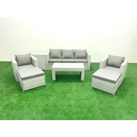 Fimous Rattan Garden Furniture Set 7 Seater Outdoor Garden Sofa 2 Chairs Oblong Coffee Table Set with 2 Stools Side Table Light Grey Mixed (1/5)
