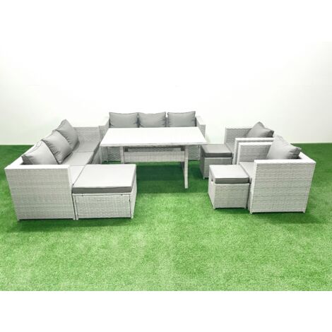 Fimous Rattan Garden Furniture Set Outdoor 8 Seater Patio Dinin g Sofa Sets with Dining Table 2 Chairs 3 Footstools Light Grey Mixed (1/5)