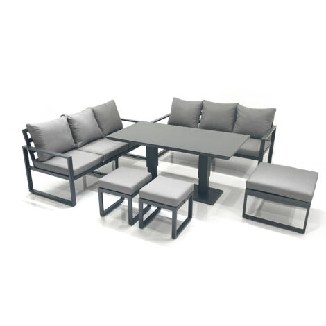 Fimous 9 Seater Aluminium Outdoor Garden Furniture Set with Adjustable Rising Lifting Dining Table 3 Seater Sofa 3 Footstools Dark Grey (1/5)