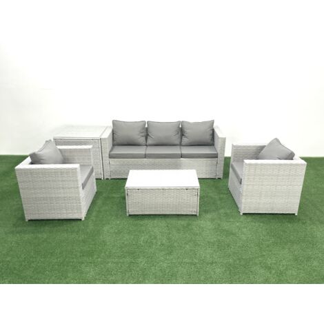 Fimous Rattan Garden Furniture Set with 3 Seater Sofa 2 Chair Rectangular Coffee Table Side Table Light Grey Mixed 5 Seater (1/5)