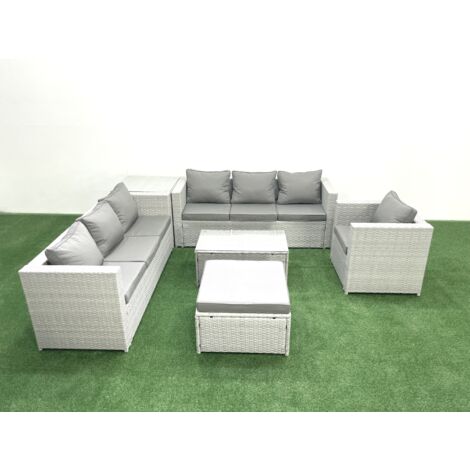 Fimous Wicker PE Rattan Sofa Garden Furniture Set with Armchair Oblong Coffee Table Big Footstool Side Table Light Grey Mixed (1/5)