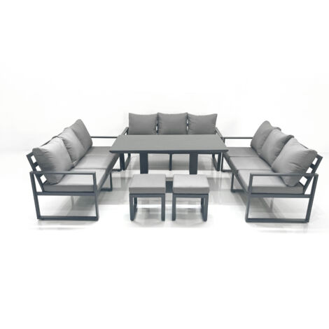 Fimous 11 Seater Garden Sofa Set Aluminium Furniture Rising Dining Tabe Set wth 2 Small Footstools Dark Grey (1/5)