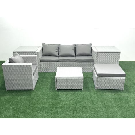 Fimous Garden Outdoor Furniture Set 5 Seater Rattan Sofa Set with Big Footstool Armchair 2 Side Tables Light Grey Mixed (1/5)