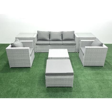 Fimous 6 Seater Rattan Garden Furniture Set with 3 Seater Sofa 2 Chair Square Coffee Table Big Footstool 2 Side Tables Light Grey Mixed (1/5)