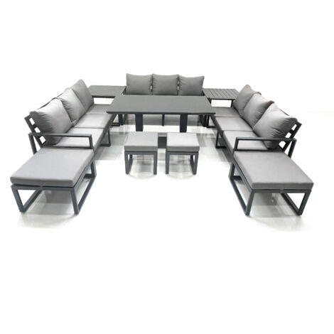 Fimous 13 Seater Garden Sofa Set Aluminium Furniture Rising Dining Tabe Set with 2 Side Tables 4 Footstools Dark Grey