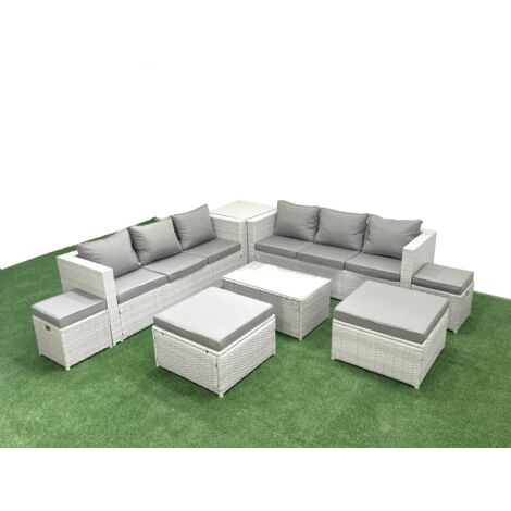 Fimous 8 Pieces Rattan Garden Furniture Set Outdoor Garden Sofa Coffee Table Set with Side Table 4 Footstools Light Grey Mixed (1/5)