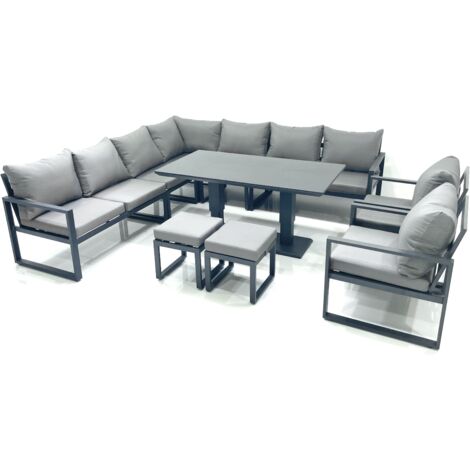 Fimous 11 Seater Outdoor Aluminum Garden Furniture Set Corner Sofa 2 Chair 2 Small Footstool Adjustable Rising Lifting Dining Table Sets Dark Grey (1/5)