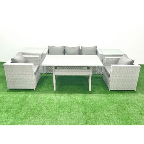 Fimous Garden Dining Set Outdoor Rattan Furniture Set with Sofa Dining Table 2 Chairs 2 Side Tables Light Grey Mixed (1/5)
