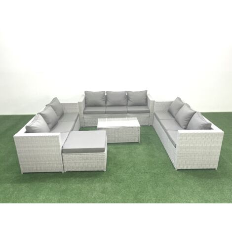 Fimous Rattan Garden Outdoor Furniture Set 10 Seater Garden Sofa Coffee Table Set with Big Footstool Light Grey Mixed (1/5)