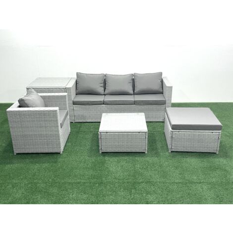 Fimous Garden Outdoor Furniture Set 5 Seater Rattan Sofa Set with Big Footstool Armchair Side Table Light Grey Mixed (1/5)