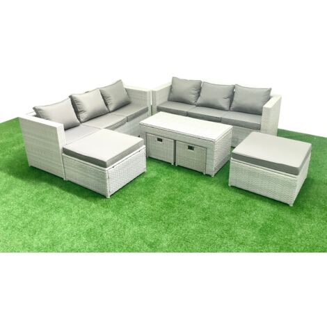 Fimous Rattan Garden Furniture Set Outdoor Lounger Sofa with Coffee Table 4 Footstools Light Grey Mixed 10 Seater