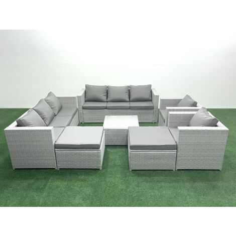 Fimous Outdoor Rattan Sofa Garden Furniture Set with 2 Armchairs Square Coffee Table 2 Big Footstools Light Grey Mixed (1/5)