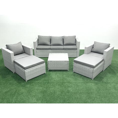 Fimous 7 Seater Rattan Garden Furniture Set with 3 Seater Sofa 2 Chair Square Coffee Table 2 Big Footstools Light Grey Mixed (1/5)