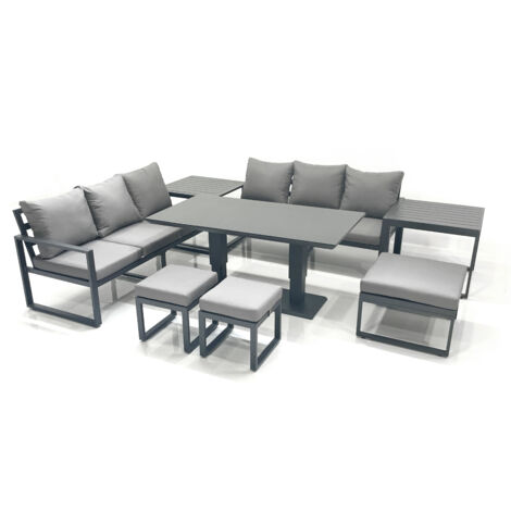 Fimous 9 Seater Aluminium Outdoor Garden Furniture Set with Adjustable Rising Lifting Dining Table 3 Seater Sofa 3 Footstools 2 Side Tables Dark Grey