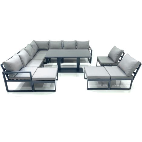 Fimous 11 Seater Outdoor Aluminum Garden Furniture Set Corner Sofa 2 Big Footstools Rising Lifting Dining Table Sets Dark Grey (1/5)