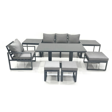 Fimous 7 Seater Garden Sofa Set Aluminium Furniture Rising Dining Tabe Set with Chair 3 Footstool 2 Side Tables Dark Grey (1/5)
