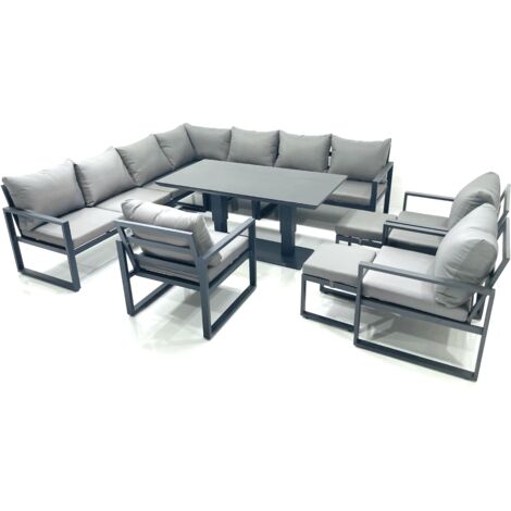 Fimous 12 Seater Outdoor Aluminum Garden Furniture Set Corner Sofa 3 Chair 2 Small Footstool Adjustable Rising Lifting Dining Table Sets Dark Grey (1/5)