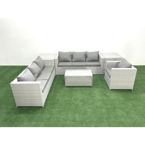 Fimous Wicker PE Rattan Sofa Garden Furniture Set with Armchair Oblong Coffee Table 2 Side Tables Light Grey Mixed (1/5)
