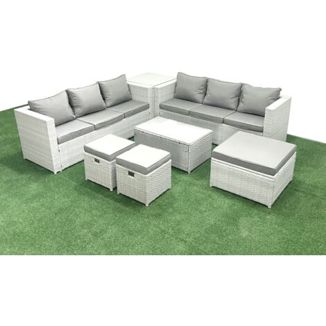 Fimous Garden Outdoor PE Rattan Furniture Set 9 Seater Rattan Garden Sofa Set with 3 Footstools Side Table Light Grey Mixed (1/5)