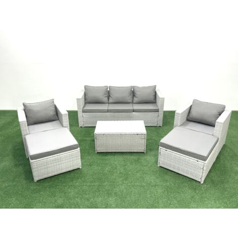 Fimous 7 Seater Rattan Garden Furniture Set with 3 Seater Sofa 2 Chair Rectangular Coffee Table 2 Big Footstools Light Grey Mixed (1/5)