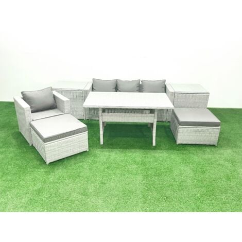 Fimous Rattan Garden Furniture Set Outdoor 6 Seater Patio Dining Sets with Glass Top Dining Table 2 Side Tables Light Grey Mixed