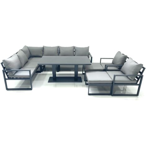 Fimous Aluminum Outdoor Garden Furniture Set Corner Sofa 2 Chair 2 Big Footstools Adjustable Rising Lifting Dining Table Sets Dark Grey (1/5)