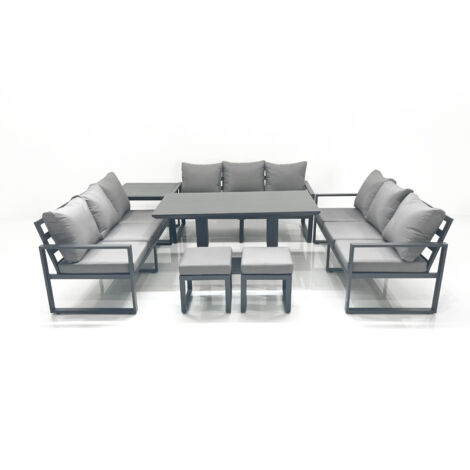 Fimous 11 Seater Garden Sofa Set Aluminium Furniture Rising Dining Tabe Set with Side Table 2 Small Footstools Dark Grey
