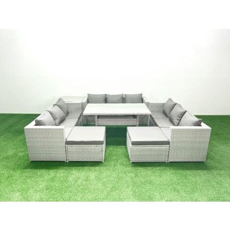 Fimous Rattan Garden Outdoor Furniture Set 11 Seater Garden Sofa Rectangulr Dining Table Set with 2 Big Footstools Side Table Light Grey Mixed (1/5)
