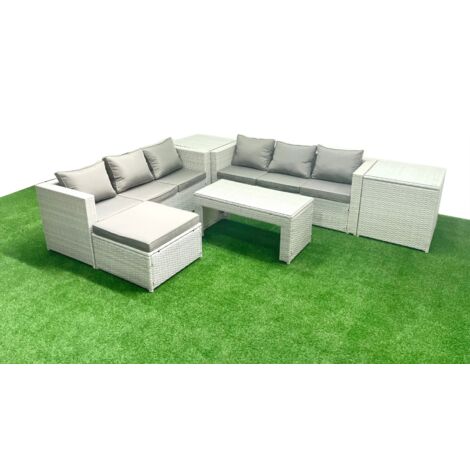 Fimous 7 Seater Garden Outdoor Rattan Furniture Set Rattan Garden Sofa Oblong Coffee Table with Big Footstool 2 Side Tables Light Grey Mixed (1/5)