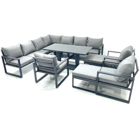 Fimous 12 Seater Outdoor Aluminum Garden Furniture Set Corner Sofa 3 Chair 2 Big Footstools Adjustable Rising Lifting Dining Table Sets Dark Grey (1/5)