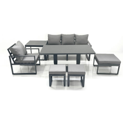 Fimous 7 Seater Garden Sofa Set Aluminium Furniture Rising Dining Tabe Set with Chair 3 Footstool Side Table Dark Grey (1/5)