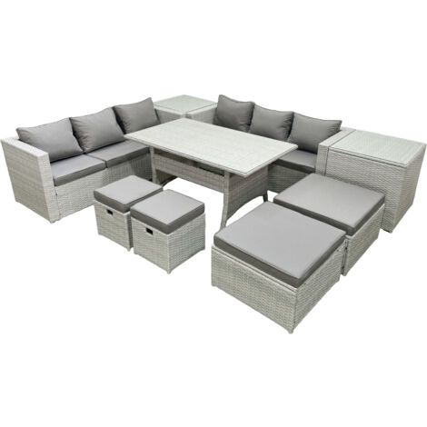 Fimous Rattan Garden Furniture Set Outdoor 10 Seater Patio Dining Sets with Glass Top Dining Table 2 Side Tables Light Grey Mixed (1/5)