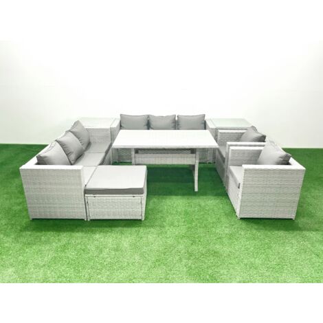Fimous Rattan Garden Furniture Set Outdoor 8 Seater Patio Dinin g Sofa Sets with Dining Table 2 Chairs 2 Side Tables Big Footstool Light Grey Mixed (1/5)