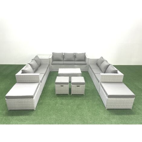 Fimous 9 Pieces Rattan Garden Furniture Set Outdoor Garden Sofa Coffee Table Set with Side Table 4 Footstools Light Grey Mixed (1/5)