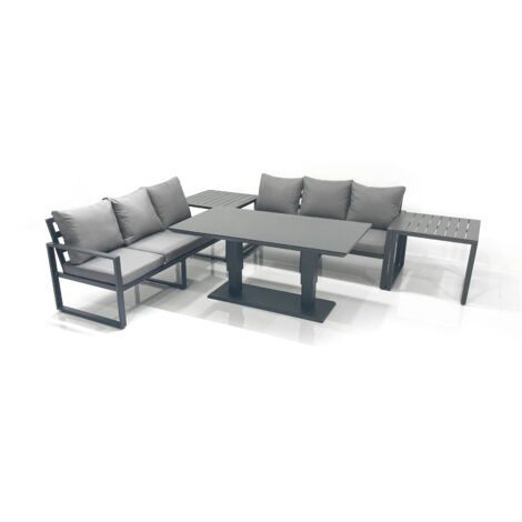 Fimous 6 Seater Aluminium Outdoor Garden Furniture Set with Adjustable Rising Lifting Dining Table 3 Seater Sofa 2 Side Tables Dark Grey