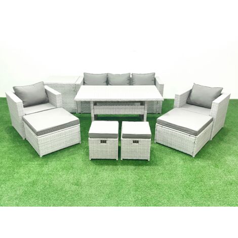 Fimous Rattan Garden Furniture Set Outdoor 9 Seater Patio Dining Sets with Glass Top Dining Table and Side Table Light Grey Mixed (1/5)