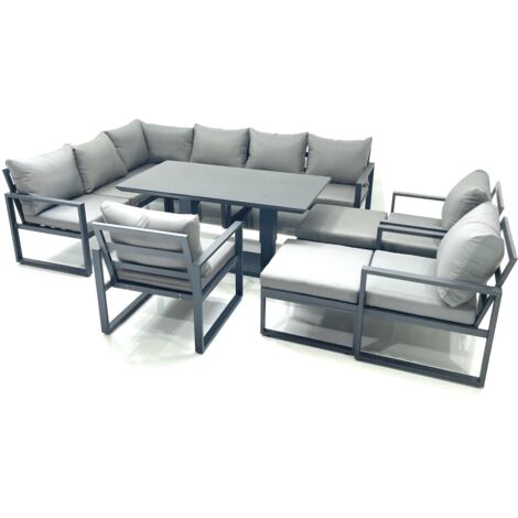 Fimous Aluminum Outdoor Garden Furniture Set Corner Sofa 3 Chair 2 Big Footstools Adjustable Rising Lifting Dining Table Sets Dark Grey (1/5)