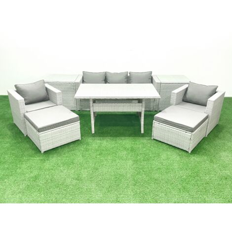 Fimous Garden Dining Set Outdoor Rattan Furniture Set with Sofa Dining Table 2 Chairs 2 Big Footstools 2 Side Tables Light Grey Mixed (1/5)