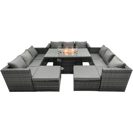 Fimous Rattan Garden Furniture Firepit Set Outdoor 11 Seater Patio Dining Sets with Glass Top Dining Table