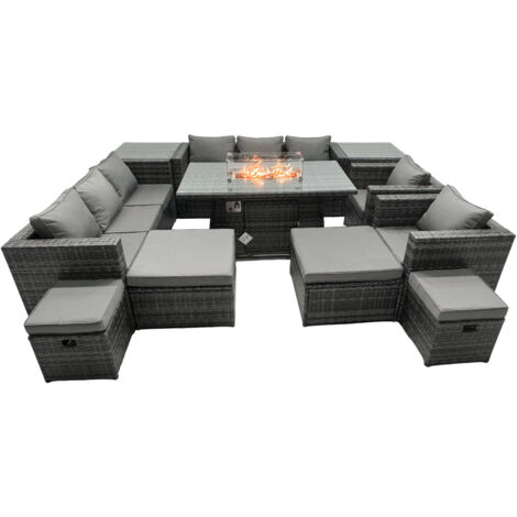 Fimous Rattan Garden Furniture Firepit Dining Set 12 Seater Lounge Sofa Table Set with 2 side table 2 big Footstool