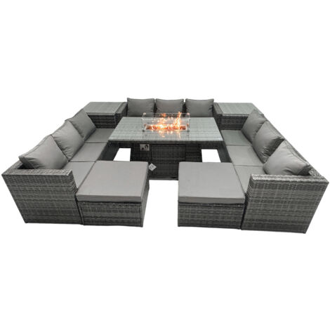 Fimous Rattan Garden Furniture Firepit Dining Set Outdoor 10 Seater Patio with Glass Top Dining Table 2 Side Tables