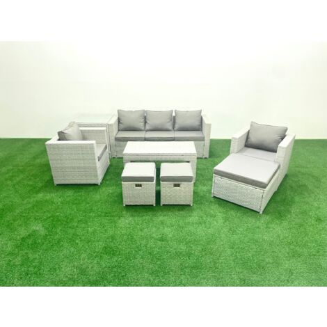 Fimous Rattan Garden Furniture Set 8 Seater Outdoor Garden Sofa Oblong Coffee Table Set with 2 Chairs 3 Stools Side Table Light Grey Mixed (1/5)