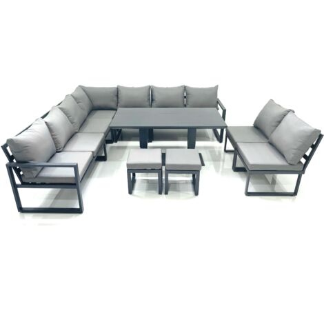 Fimous 11 Seater Outdoor Aluminum Garden Furniture Set Corner Sofa 2 Small Footstools Rising Lifting Dining Table Sets Dark Grey (1/5)