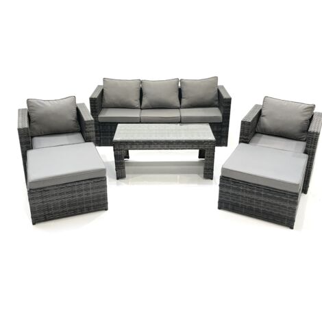 Fimous 7 Seater Rattan Garden Furniture Set Outdoor Lounger Sofa with Coffee Table 2 Armchair 2 Big Footstools Dark Grey Mixed
