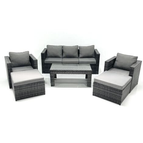 Fimous 7 Seater Rattan Garden Furniture Set Outdoor Lounger Sofa with Coffee Table 2 Armchair 2 Big Footstools Dark Grey Mixed