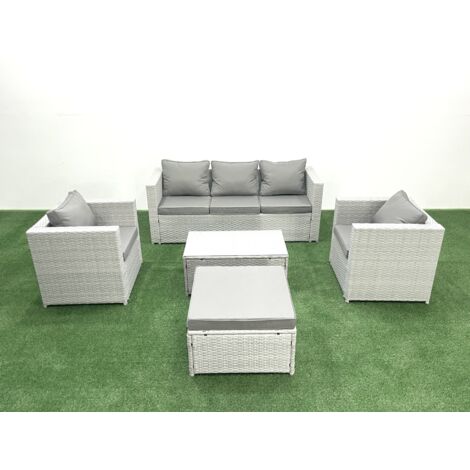 Fimous Rattan Garden Furniture Set with 3 Seater Sofa 2 Chair Rectangular Coffee Table Big Footstool Light Grey Mixed 6 Seater (1/5)