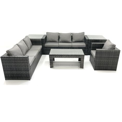 Fimous 7 Seater Rattan Garden Furniture Set Outdoor Lounger Sofa with Coffee Table Armchair 2 Side Tables Dark Grey Mixed (1/5)